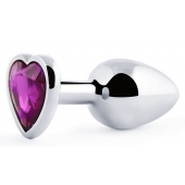 Серебристая анальная пробка с фиолетовым кристаллом-сердечком - 8 см. - Anal Jewelry Plug - купить с доставкой в Улан-Удэ