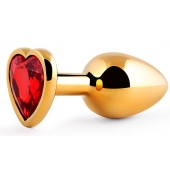 Золотистая анальная пробка с красным стразом-сердечком - 8 см. - Anal Jewelry Plug - купить с доставкой в Улан-Удэ