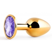 Золотистая анальная пробка с фиолетовым стразом - 7,2 см. - Anal Jewelry Plug - купить с доставкой в Улан-Удэ