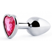 Серебристая анальная пробка с розовым кристаллом-сердечком - 7 см. - Anal Jewelry Plug - купить с доставкой в Улан-Удэ