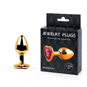 Золотистая анальная пробка с малиновым кристаллом-сердечком - 7 см. - Anal Jewelry Plug - купить с доставкой в Улан-Удэ