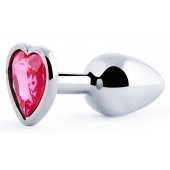Серебристая анальная пробка с малиновым кристаллом-сердечком - 7 см. - Anal Jewelry Plug - купить с доставкой в Улан-Удэ