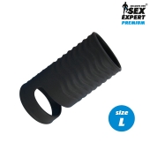Черная открытая насадка на пенис с кольцом для мошонки L-size - 8,5 см. - Sex Expert - в Улан-Удэ купить с доставкой