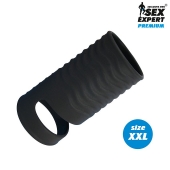 Черная открытая насадка на пенис с кольцом для мошонки XXL-size - 9,4 см. - Sex Expert - в Улан-Удэ купить с доставкой