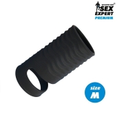 Черная открытая насадка на пенис с кольцом для мошонки size M - 7,9 см. - Sex Expert - в Улан-Удэ купить с доставкой