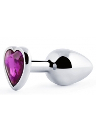 Серебристая анальная пробка с фиолетовым кристаллом-сердечком - 8 см. - Anal Jewelry Plug - купить с доставкой в Улан-Удэ
