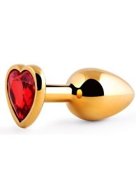 Золотистая анальная пробка с красным стразом-сердечком - 8 см. - Anal Jewelry Plug - купить с доставкой в Улан-Удэ