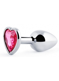 Серебристая анальная пробка с розовым кристаллом-сердечком - 7 см. - Anal Jewelry Plug - купить с доставкой в Улан-Удэ