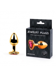 Золотистая анальная пробка с малиновым кристаллом-сердечком - 7 см. - Anal Jewelry Plug - купить с доставкой в Улан-Удэ