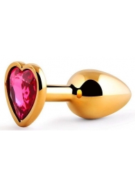 Золотистая анальная пробка с малиновым кристаллом-сердечком - 7 см. - Anal Jewelry Plug - купить с доставкой в Улан-Удэ