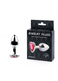 Серебристая анальная пробка с малиновым кристаллом-сердечком - 7 см. - Anal Jewelry Plug - купить с доставкой в Улан-Удэ