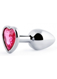 Серебристая анальная пробка с малиновым кристаллом-сердечком - 7 см. - Anal Jewelry Plug - купить с доставкой в Улан-Удэ