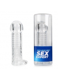Прозрачная рельефная насадка-реалистик с петлей для мошонки - 13,5 см. - Sex Expert - в Улан-Удэ купить с доставкой
