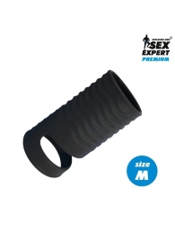 Черная открытая насадка на пенис с кольцом для мошонки size M - 7,9 см. - Sex Expert - в Улан-Удэ купить с доставкой