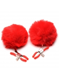 Красные зажимы на соски с помпонами Pom Pom - XR Brands - купить с доставкой в Улан-Удэ
