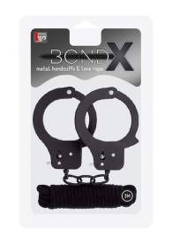 Чёрные наручники из листового металла в комплекте с веревкой BONDX METAL CUFFS LOVE ROPE SET - Dream Toys - купить с доставкой в Улан-Удэ