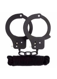 Чёрные наручники из листового металла в комплекте с веревкой BONDX METAL CUFFS LOVE ROPE SET - Dream Toys - купить с доставкой в Улан-Удэ