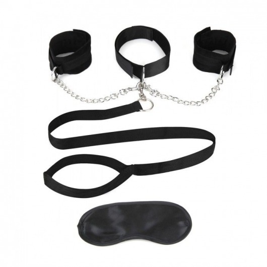 Чёрный ошейник с наручниками и поводком Collar Cuffs   Leash Set - Lux Fetish - купить с доставкой в Улан-Удэ