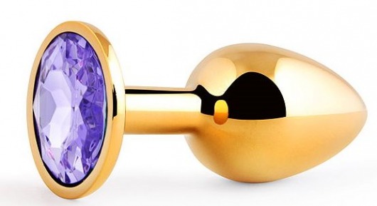 Золотистая анальная пробка с фиолетовым стразом - 7,2 см. - Anal Jewelry Plug - купить с доставкой в Улан-Удэ