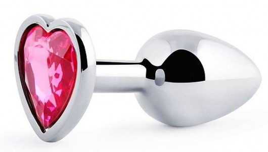 Серебристая анальная пробка с розовым кристаллом-сердечком - 7 см. - Anal Jewelry Plug - купить с доставкой в Улан-Удэ