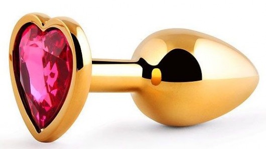 Золотистая анальная пробка с малиновым кристаллом-сердечком - 7 см. - Anal Jewelry Plug - купить с доставкой в Улан-Удэ