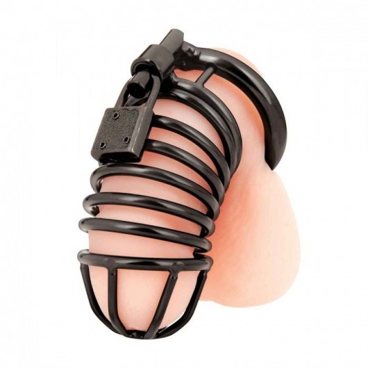 Черная металлическая клетка с замком Deluxe Chastity Cage - BlueLine - купить с доставкой в Улан-Удэ