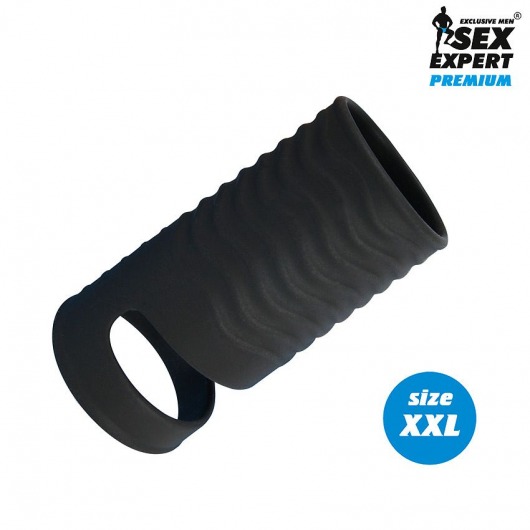 Черная открытая насадка на пенис с кольцом для мошонки XXL-size - 9,4 см. - Sex Expert - в Улан-Удэ купить с доставкой
