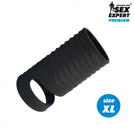 Черная открытая насадка на пенис с кольцом для мошонки XL-size - 8,9 см. - Sex Expert - в Улан-Удэ купить с доставкой