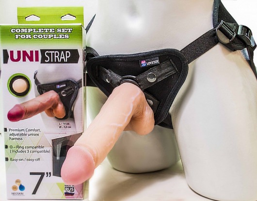 Страпон-унисекс с двумя насадками UNI strap 7  Harness - 19 и 16 см. - LOVETOY (А-Полимер) - купить с доставкой в Улан-Удэ
