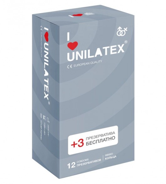 Презервативы с рёбрами Unilatex Ribbed - 12 шт. + 3 шт. в подарок - Unilatex - купить с доставкой в Улан-Удэ